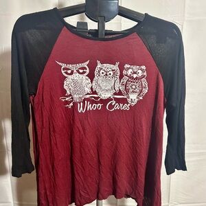 Rue21 Burgundy and Black Owl Graphic Long Sleeve Tee baseball tee/raglan sleeve